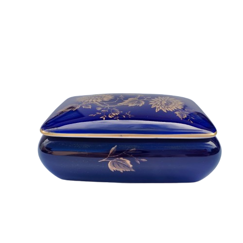 Limoges Porcelain Cobalt Blue and Gold lidded Trinket Box