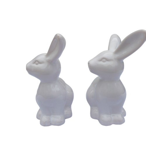 Pair White Ceramic Sitting Rabbit Hare Bunny