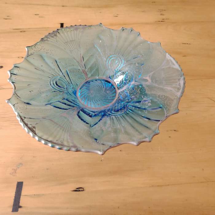 Impressive Vintage Glass Flower Blue and Silver Footed Bowl