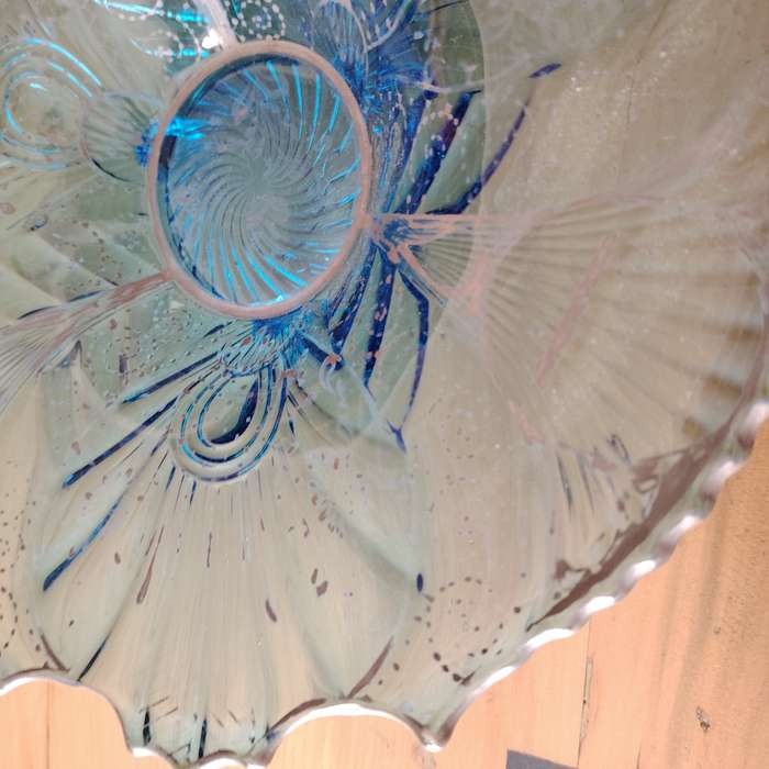 Impressive Vintage Glass Flower Blue and Silver Footed Bowl