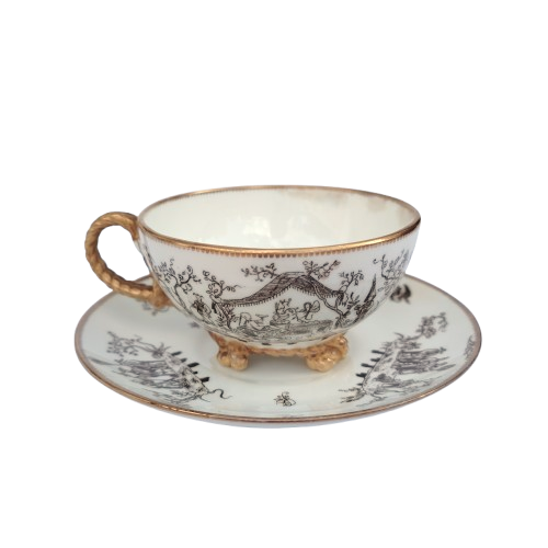 Antique Victorian Brown Westhead and Moore Rope Handle Cup and Saucer 1869