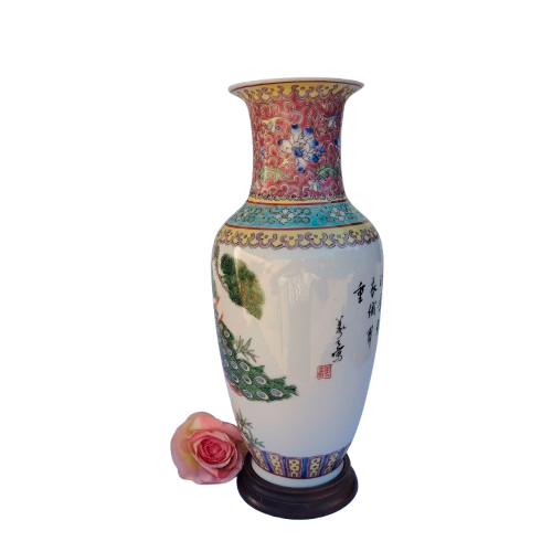 20th C Chinese Famille Rose Vase with Exotic Birds, Calligraphy Poem