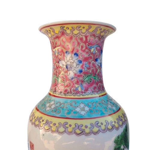 20th C Chinese Famille Rose Vase with Exotic Birds, Calligraphy Poem