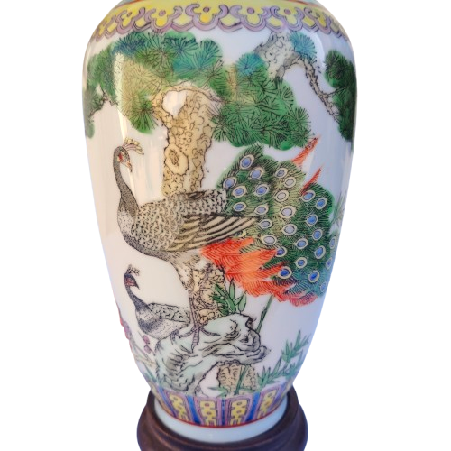 20th C Chinese Famille Rose Vase with Exotic Birds, Calligraphy Poem