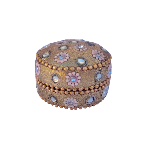 Round Gold with Clear Crystals and Pink Flowers Trinket Box