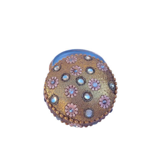 Round Gold with Clear Crystals and Pink Flowers Trinket Box