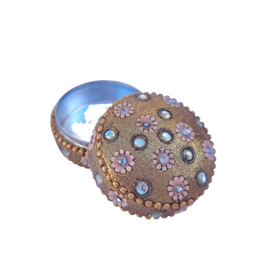 Round Gold with Clear Crystals and Pink Flowers Trinket Box