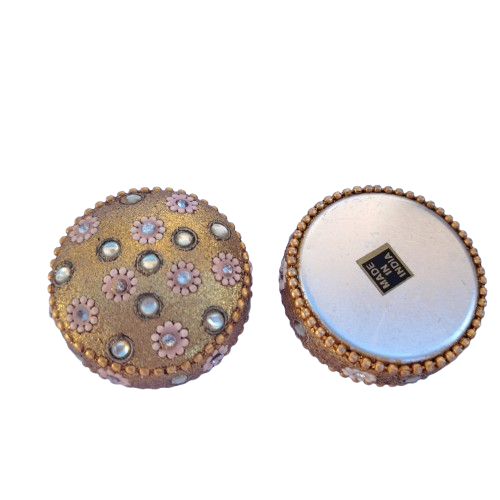Round Gold with Clear Crystals and Pink Flowers Trinket Box