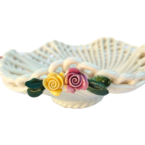 Vintage Italian Lattice Ceramic Floral Bowl Made it Italy