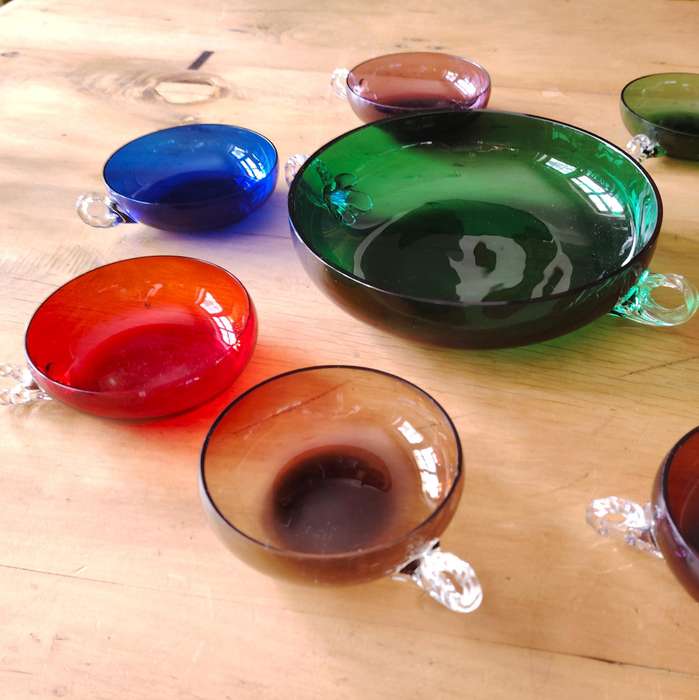 Dessert Cups and bowl in colored glass and stylized handles