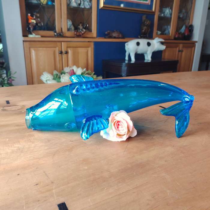 Stunning X- Large Mid-Century Hand Blown Blue Glass Koi Fish