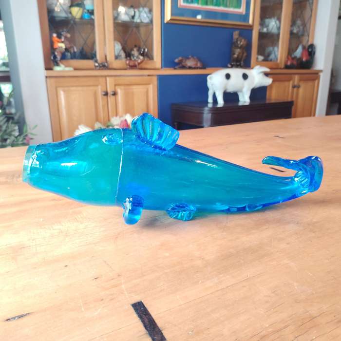 Stunning X- Large Mid-Century Hand Blown Blue Glass Koi Fish