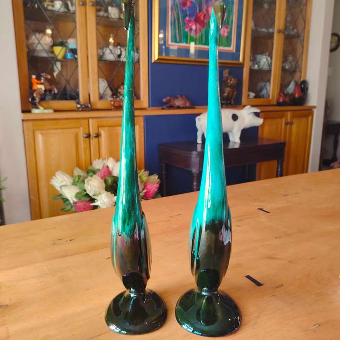 Vintage Blue Mountain Pottery Long Neck Swans Crane Green Drip Glaze