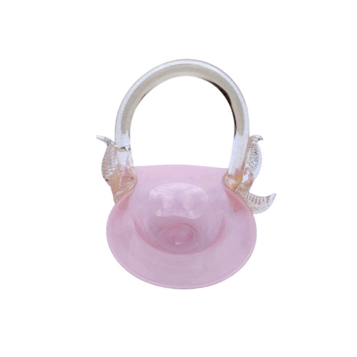 Murano Pink Candy Strip Glass Basket Clear and Gold Flex Handles