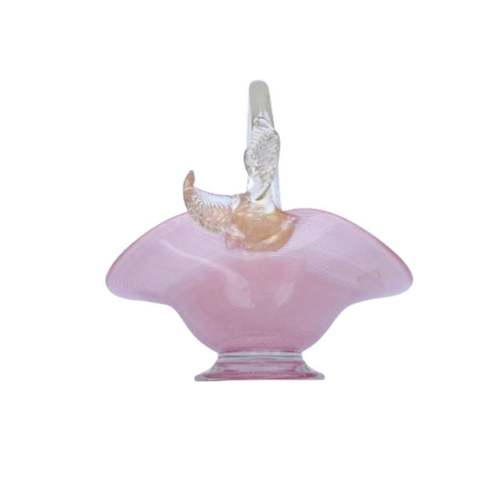 Murano Pink Candy Strip Glass Basket Clear and Gold Flex Handles