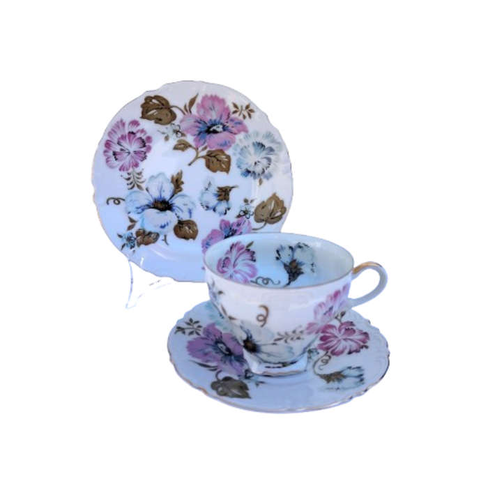Very Pretty pink and Blue Flower Bone China Trio
