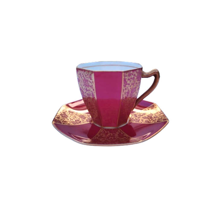 Royal Doulton Art Deco Raspberry and Gold Duo Demitasse