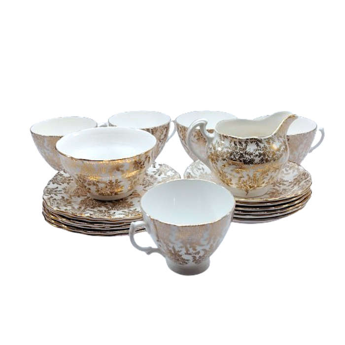 Royal Vale Gold filigree Gold scalloped rims Tea set