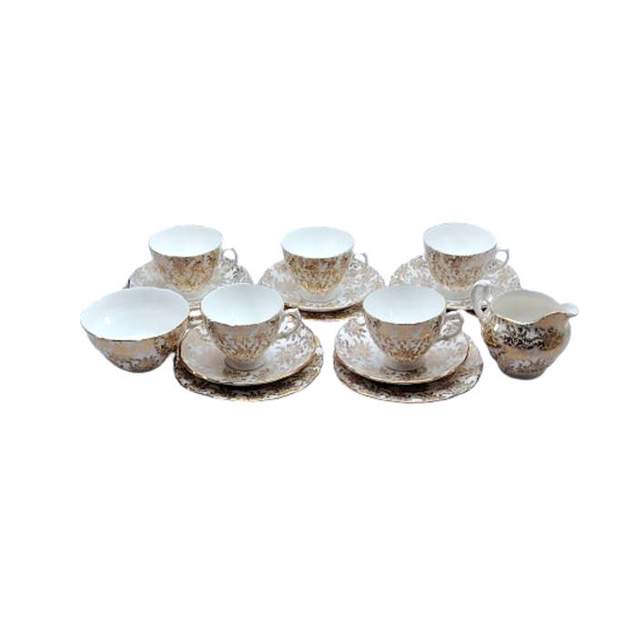 Royal Vale Gold filigree Gold scalloped rims Tea set