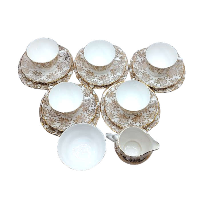 Royal Vale Gold filigree Gold scalloped rims Tea set