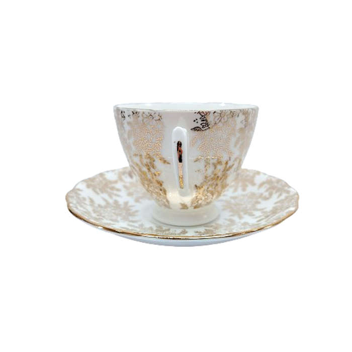 Royal Vale Gold filigree Gold scalloped rims Tea set
