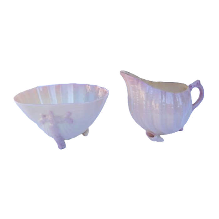 Rare Belleek Neptune Shell Pink Luster Milk Jug and Sugar Bowl