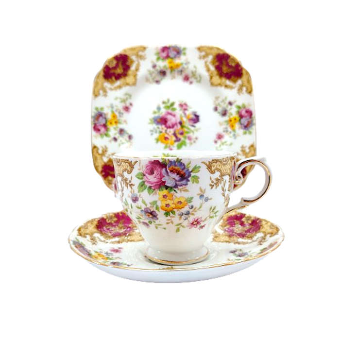 Tuscan Burgundy `Provence` Teacup Trio Set - High Tea at Home