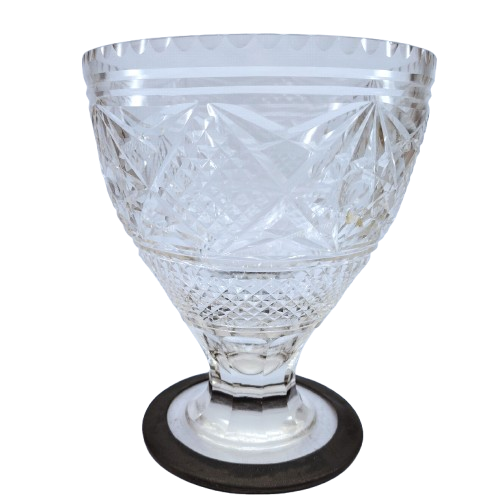 Heavy Cut Glass Crystal Footed Bowl Pewter Rim