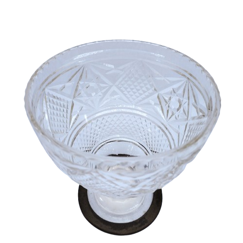 Heavy Cut Glass Crystal Footed Bowl Pewter Rim