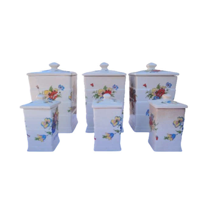 Six Vintage Ceramic Storage Lidded Pots Flower Design