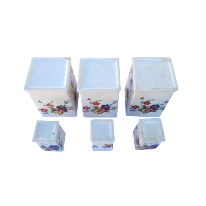 Six Vintage Ceramic Storage Lidded Pots Flower Design