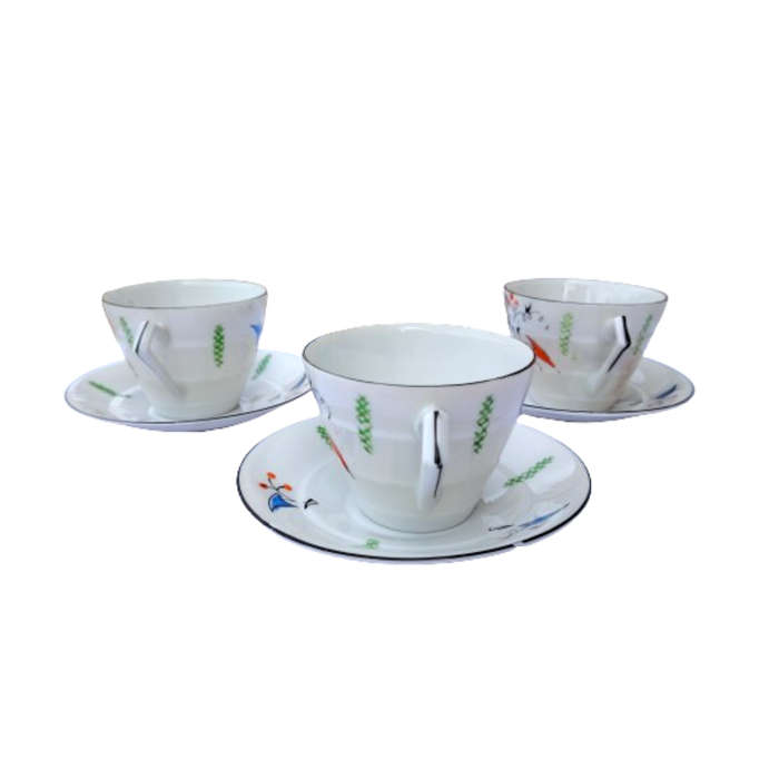 Porcelain bright orange blue and black Duo's Cups and saucers