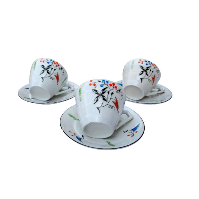 Porcelain bright orange blue and black Duo's Cups and saucers