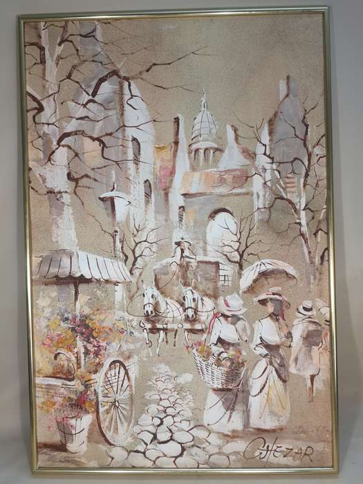 BORIS CHEZAR! (1913-2008) SIGNED ORIGINAL SAND OIL PAINTING OF A HORSECART COBBLE STREET SCENE