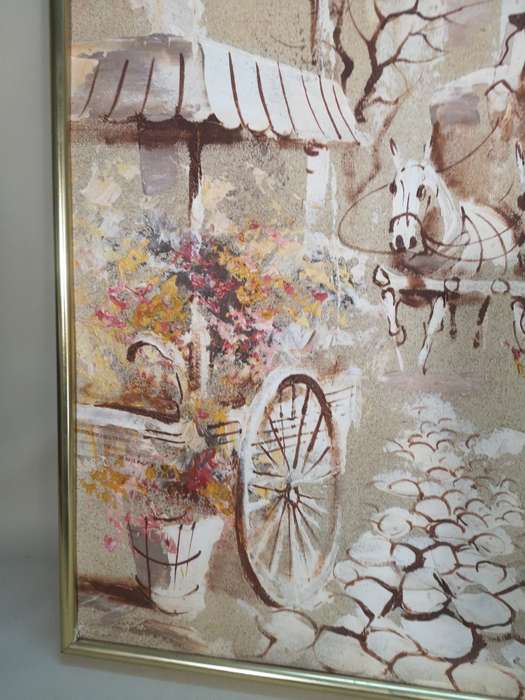 BORIS CHEZAR! (1913-2008) SIGNED ORIGINAL SAND OIL PAINTING OF A HORSECART COBBLE STREET SCENE
