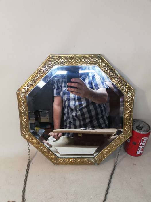 Octagonal Wall Mirror With Repousse Brass Frame on Wood Backing Vintage c1930s