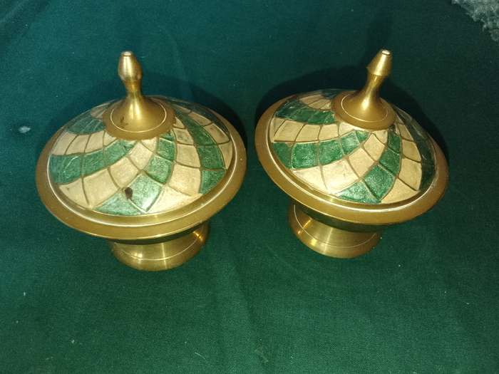 2 x brass containers with enamel lids made in india