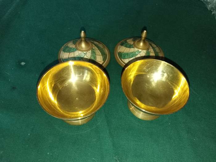 2 x brass containers with enamel lids made in india