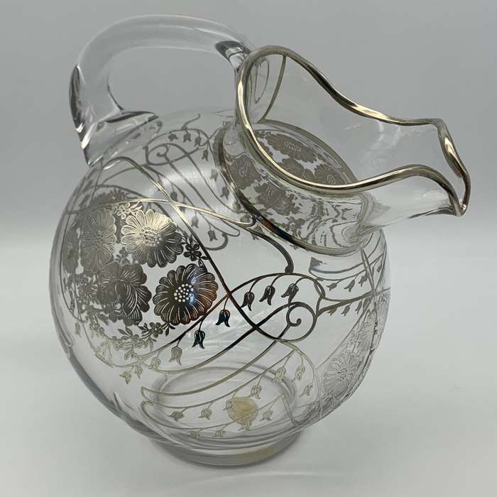 Large Glass Sterling Silver Overlay Water Jug (1940's)