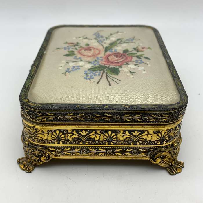 Vintage Brass & Petit Point Jewellery Box