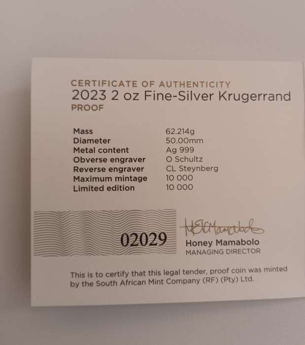 2023 2OZ SILVER PROOF KRUGERRAND COIN [COA] [BOX]
