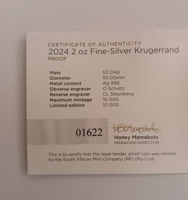 2024 2OZ PROOF SILVER KRUGERRAND COIN [COA] [BOX]