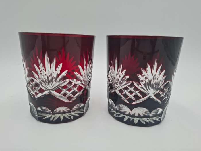 Vintage Bohemian Burgundy Overlay Cut Glass - Pair of Tumblers