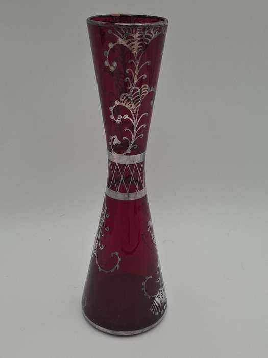 Vintage Silver Overlay Ruby Red Bohemian Glass Vase  - great condition & rich colour - 27cm high