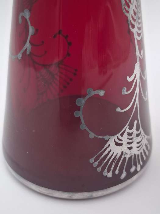 Vintage Silver Overlay Ruby Red Bohemian Glass Vase  - great condition & rich colour - 27cm high