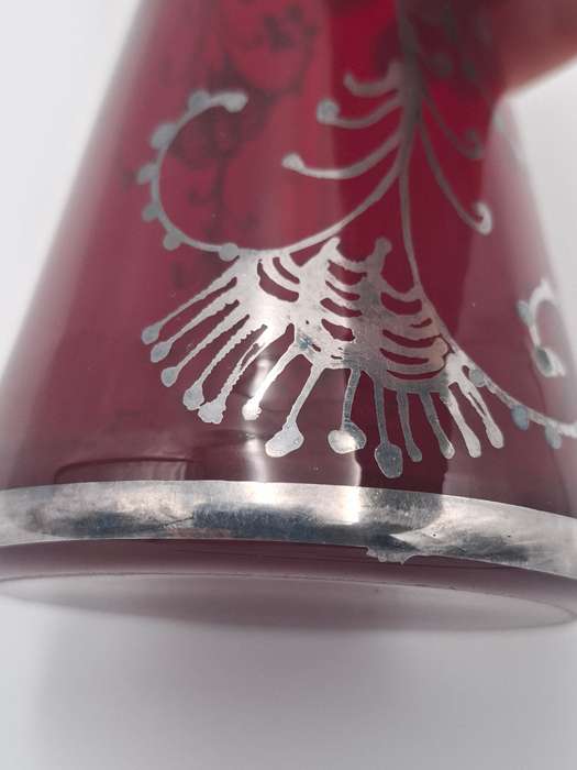 Vintage Silver Overlay Ruby Red Bohemian Glass Vase  - great condition & rich colour - 27cm high