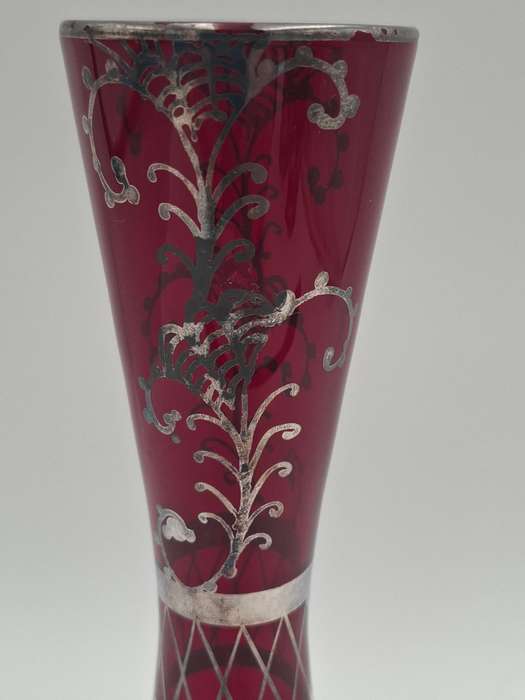 Vintage Silver Overlay Ruby Red Bohemian Glass Vase  - great condition & rich colour - 27cm high