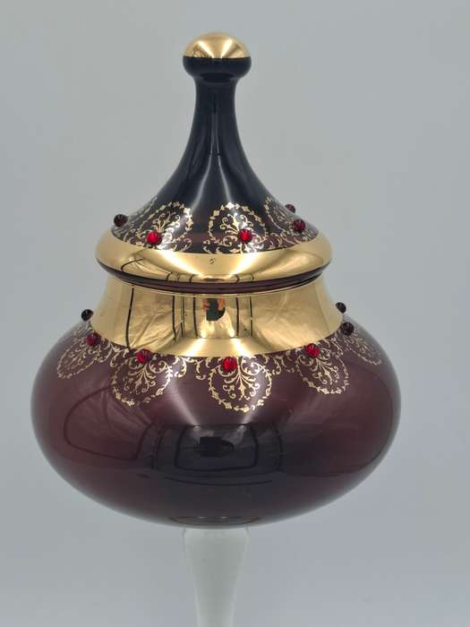 Gorgeous !! Vintage Long Stem Ruby Bohemian Gild Overlay & Beaded Glass Candy Bowl - 43cm H