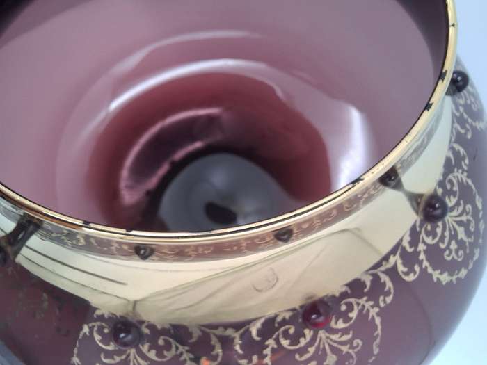 Gorgeous !! Vintage Long Stem Ruby Bohemian Gild Overlay & Beaded Glass Candy Bowl - 43cm H