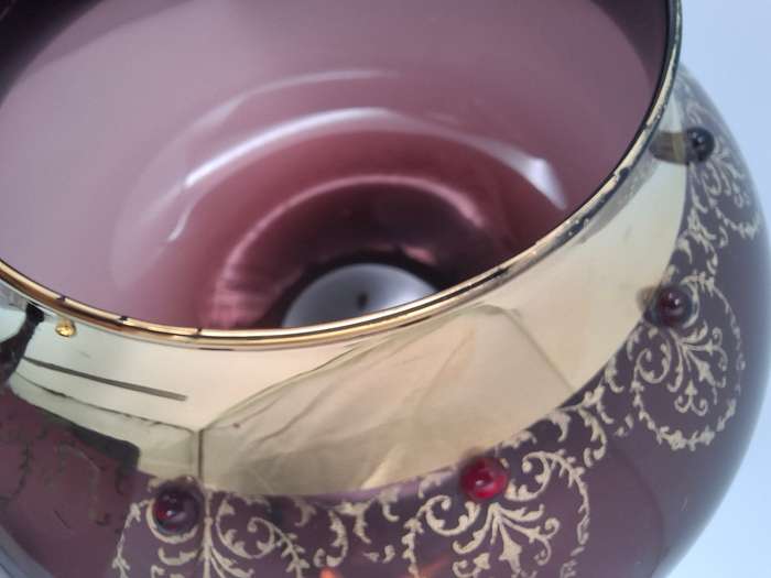 Gorgeous !! Vintage Long Stem Ruby Bohemian Gild Overlay & Beaded Glass Candy Bowl - 43cm H